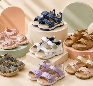 Collection of colorful kids' sandals and summer shoes displayed on decorative pastel pedestals.