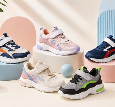 Collection of colorful kids athletic sneakers displayed on stylish pastel geometric pedestals.