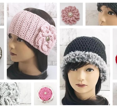 Crochet brooches, red, pink, white. Crochet headbands, faux fur trimmed beanies.
