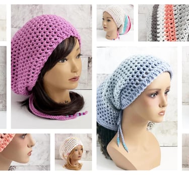 Gallery of images with woman wearing mesh hats for dreadlocks and braids.