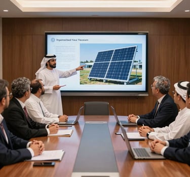 Group meeting in a professional boardroom. Engineers are presenting a solar project on a large screen. Middle Eastern / Yemeni setting.