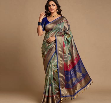 Close-up of a rich, handwoven silk saree with intricate gold zari work.