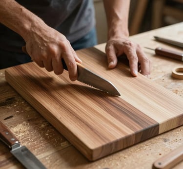 Close-up of a woodworker’s hands wearing a copper bracelet, slowly sanding a rich walnut cutting board under warm light.