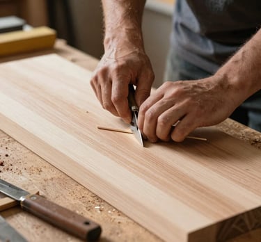 Close-up of a woodworker’s hands wearing a copper bracelet, slowly sanding a rich walnut cutting board under warm light.