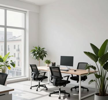 Wide shot of a minimalist, modern office in a European city. Bright natural light, clean white walls, and a few green plants. Calm and innovative professional setting.
