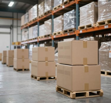 Industrial steel warehouse building with open loading bays and pallet racking for inventory storage.