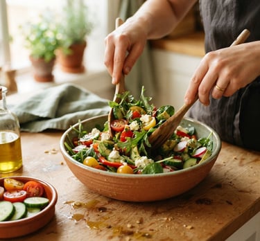 Una persona mezclando una ensalada fresca de huerto con rúcula, tomates y queso feta en un bol grande de cerámica.