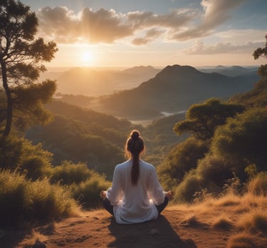 A calm person practicing deep breathing outdoors at sunrise