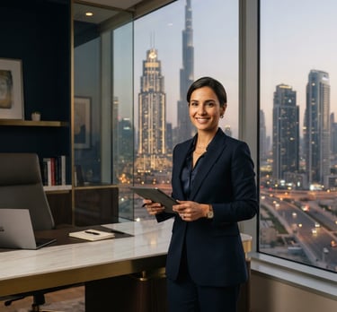 A professional environmental portrait of a corporate advisor in a modern Downtown Dubai office, warm champagne lighting, deep navy accents, sharp focus, 35mm.