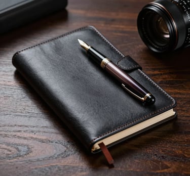 A professional photograph of a high-end leather executive notebook and an expensive fountain pen on a dark wood desk. The lighting is moody and prestigious, reflecting the experience and authority of a business founder.