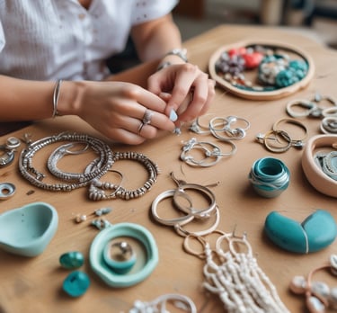 Close-up of shimmering resin jewelry pieces displayed on natural wood slabs