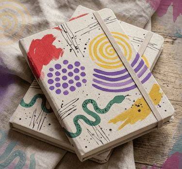 Dos cuadernos con tapa dura de lienzo con arte abstracto colorido y un diseño de serpiente verde 