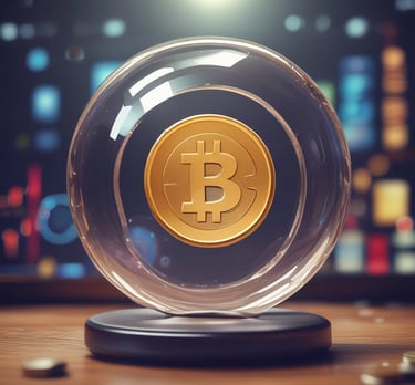 A sleek dark-themed digital dashboard glowing with neon green and blue crypto charts and icons.