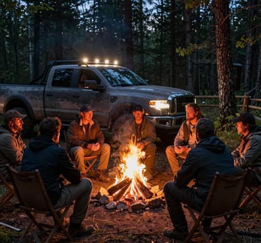 A cinematic shot of a group of men gathered around a warm campfire at night in the North American woods. A rugged truck with its lights on is parked nearby, casting a glow on the trees. The mood is community-driven and grounded.