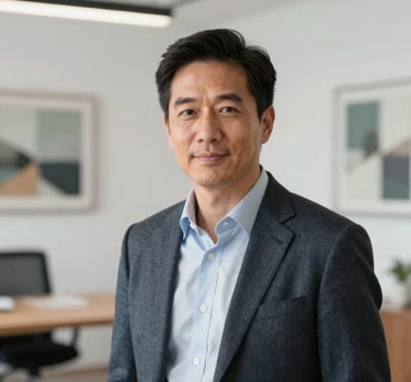 A sophisticated portrait of a strategist in a North American studio setting, blurred background showing a white-walled office with modern art, bright natural lighting.
