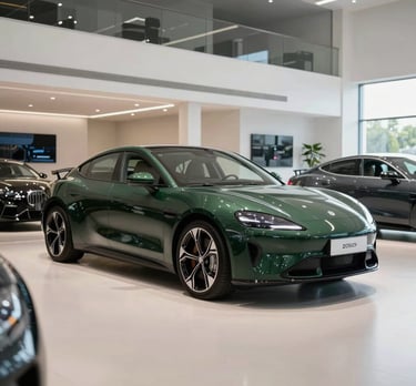 Workshop interior shot: an elegant dark green car in the center, bright clean floor, reflecting the premium nature of the shop in French / Charente-Maritime.
