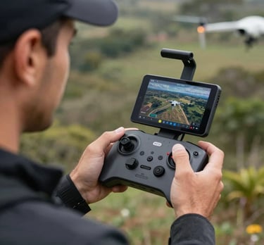 A close-up of a professional drone pilot in South America / Brazilian setting, holding a high-tech controller with a built-in screen showing an aerial view. Professional attire, tech-focused atmosphere.