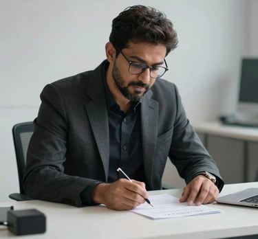 A candid shot of S M Emon Hossen Bappy in a professional setting, looking engaged while working on a research proposal at a modern white desk.