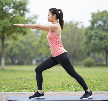 A serene morning scene with a person doing yoga in a sunlit park surrounded by greenery