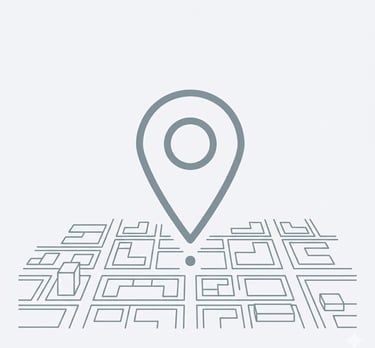 Minimalist location pin icon hovering over a 3D perspective city map illustration for navigation.