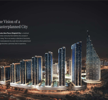 Night skyline of Mercedes-Benz Places in Binghatti City showing illuminated luxury residential skyscrapers.