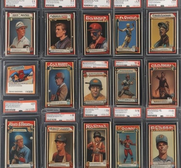 A vibrant spread of rare trading card game decks fanned out on a dark slate surface.