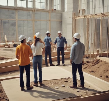 Close-up of hands reviewing architectural blueprints and financial documents on a wooden table.