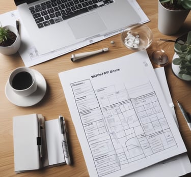 Close-up of hands reviewing architectural blueprints and financial documents on a wooden table.