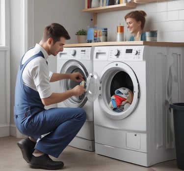 High-quality photo of a modern kitchen with a technician repairing an appliance.