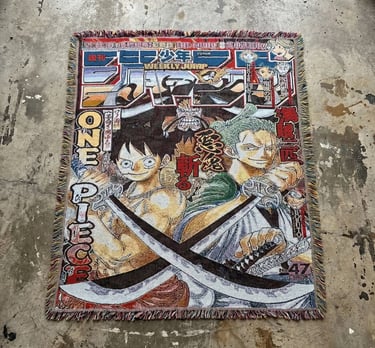 Custom woven tapestry rug featuring a Weekly Shonen Jump One Piece cover with Luffy and Zoro.