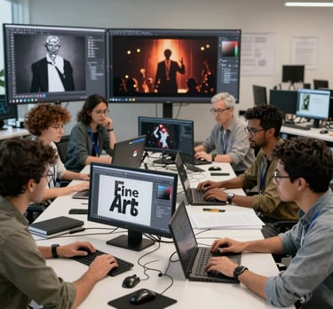 A young actor rehearsing on a New York stage, surrounded by digital AI interface overlays.