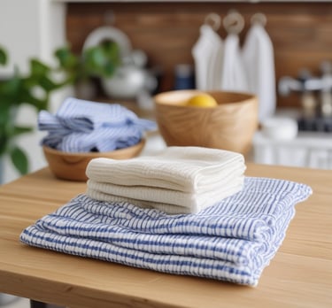 Photo showing elegant, handmade kitchen towels neatly folded on a wooden table.