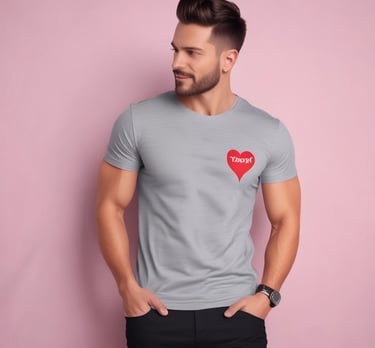 A stylish man wearing a cozy red sweater, holding a small gift box wrapped with a heart-patterned ribbon.