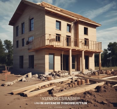 Modern two-story house with large windows and a garden in the front.