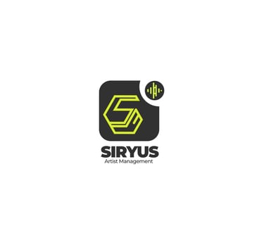 SIRYUS Artist Management logo featuring a stylized hexagonal 'S' in neon green on a rounded black square background.