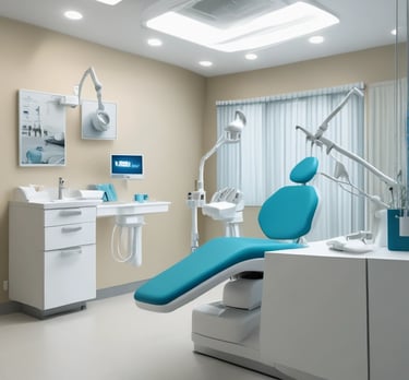 A dental model displaying orthodontic braces on both the top and bottom sets of teeth. The model rests on a glossy white surface, and various colored brackets are visible on the braces. The background is blurred, suggesting a clinical setting.