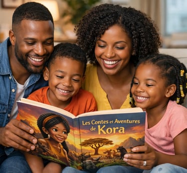 A smiling Black family, parents and two children, reading an illustrated children's storybook together on a couch, promoting