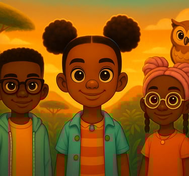 three children standing in front of a sunset