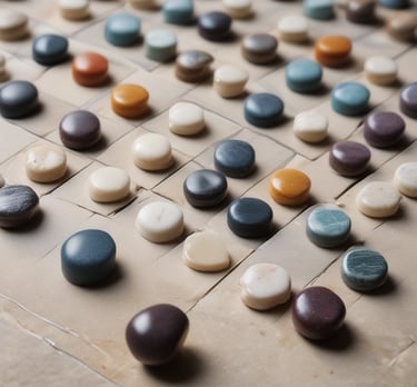 A collection of artisan jewelry displayed on a table with various pieces, including rings and necklaces, featuring colorful stones. Soft focus in the background highlights a vintage television and some decorative items, such as corks and glass containers. Warm lighting illuminates the scene, creating a cozy and inviting atmosphere.