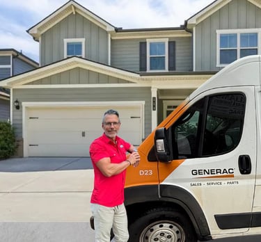 Brad leaning on a Williams Electric Service & Generators Truck in front of a Peachtree City, GA Home