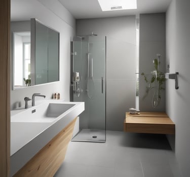 A partially constructed or renovated interior space featuring exposed brick walls and wooden ceilings. A white door is visible in the background next to a red painted wall. A plastic sheet covers furniture on the right side, and there are construction materials scattered across the floor.