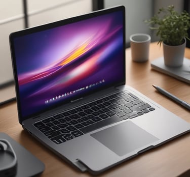 A modern electronics store features a sleek white computer with a large monitor, keyboard, and mouse positioned on a wooden table. The background showcases a wall display of various electronic accessories in white packaging, arranged neatly in rows. The room is illuminated by bright circular ceiling lights, giving a clean and modern ambiance.