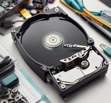A computer lab with several rows of black desktop computers placed on tables, each connected with various cables. The room has a blue carpet and the walls have bulletin boards with posters. The arrangement suggests a classroom or training environment.