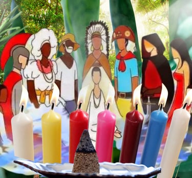 Ilustração que representa as 7 linhas da Umbanda, velas, ervas, incenso e cristais.