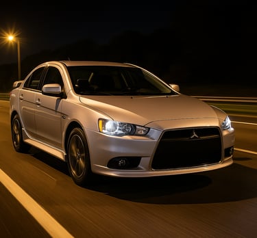 Mitsubishi Lancer GT branco em alta velocidade em rodovia iluminada no Brasil à noite