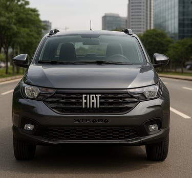 Fiat Strada cinza metálica estacionada em avenida urbana com prédios ao fundo