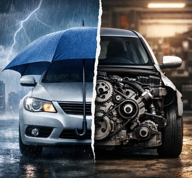 Carro dividido entre proteção do seguro e motor exposto representando garantia mecânica