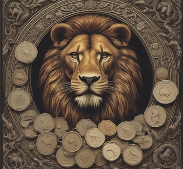 a lion head in a frame with coins and a lion