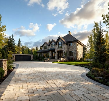 a long brick paver driveway with earthy colors and dark border