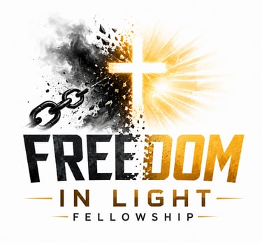 Freedom in Light Fellowship logo featuring a glowing cross breaking dark chains with light rays.